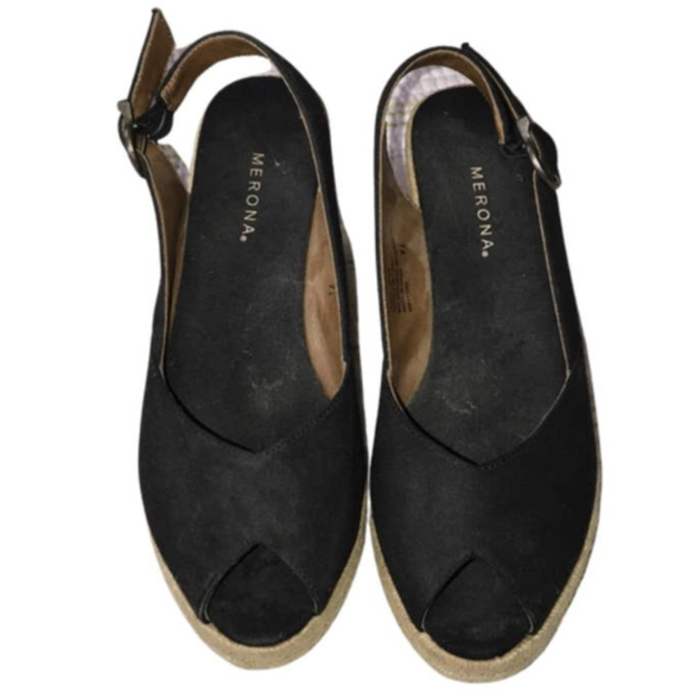 MERONA BLACK PEEP TOE WEDGES SIZE 7.5